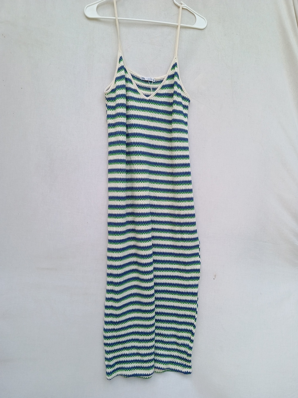 Zara Blue, Green & Cream Striped Knit Midi Dress